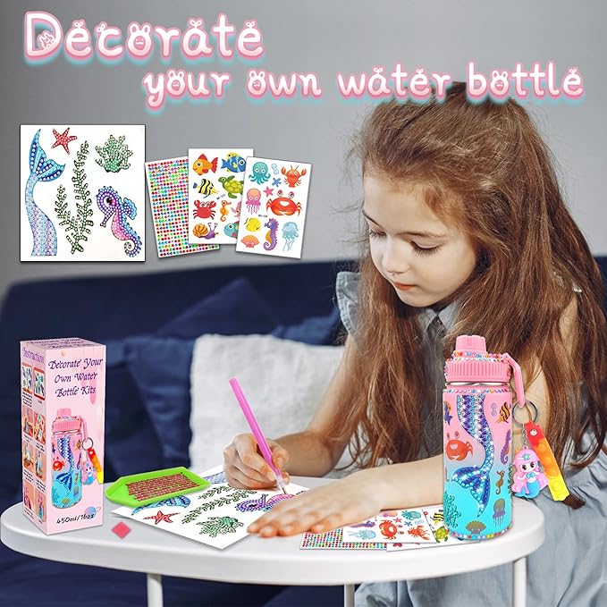 7july Decorate Your Own Water Bottle Kits for Girls Age 4-6-8-10 (Stainless Steel),Mermaid Themed Painting Crafts,Fun Arts and Crafts Gifts Toys for Girls Birthday Christmas