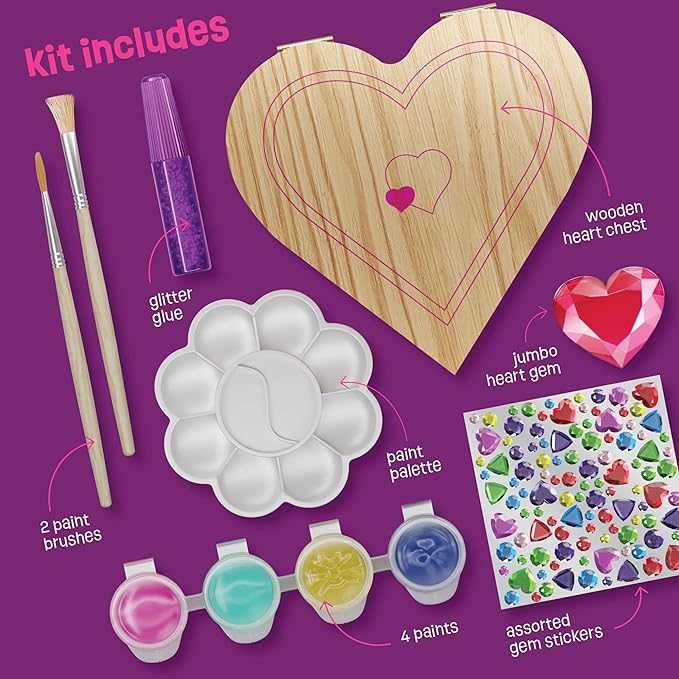 Pretty Me Paint Your Own Wooden Kids Heart Treasure Box Kit - Basket Stuffers - Art Kits for Toddler Girl - Arts and Craft Gifts for Ages 4-6 Year Old Girls - DIY Jewelry - Toys - Crafts Painting Gift