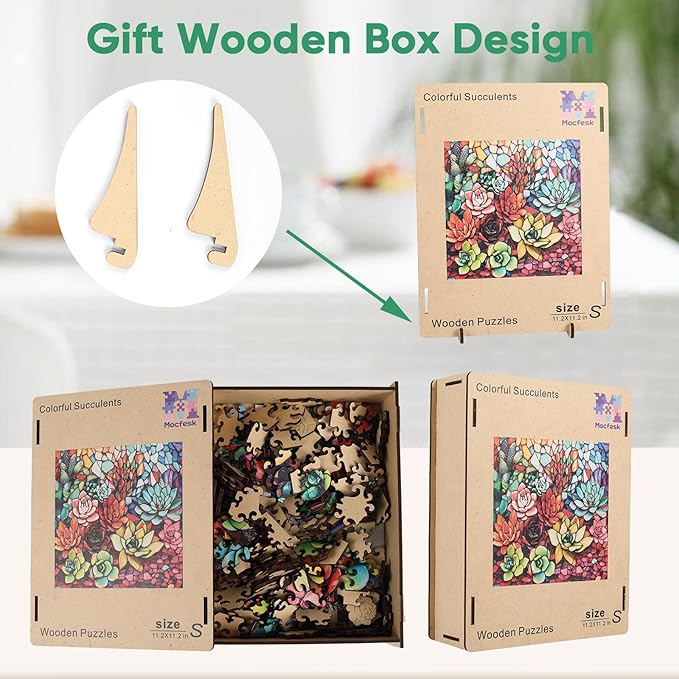 Wooden Puzzles for Adults, Stained Glass Succulent Puzzles 200 Pieces, Unique Shaped Jigsaw Puzzles for Adults and Kids, Birthday Gifts Fun Challenge Family Game 11.2'' x 11.2''