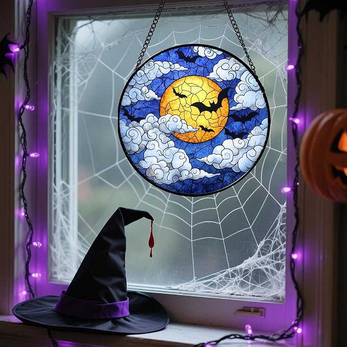 Stained Glass Window Hanging - Halloween Decorations Bats Moon Clouds Suncatcher for Doors Garden Indoor Spooky Funny Sun Catchers Gothic Decor Horror Gifts for Women Men Friend 11.8 in