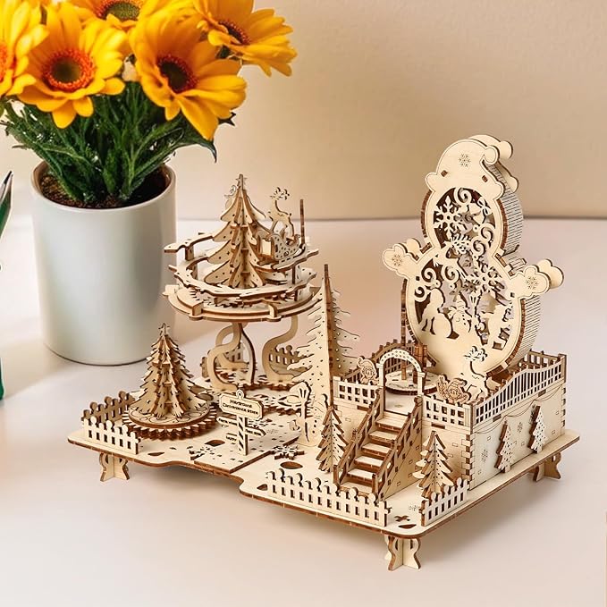 3D Wooden Puzzle for Adults, DIY Christmas Amusement Park Model, Creative Assembly Model Building for Adults, DIY Assembly Puzzle, Woodcraft Kit for Christmas Day