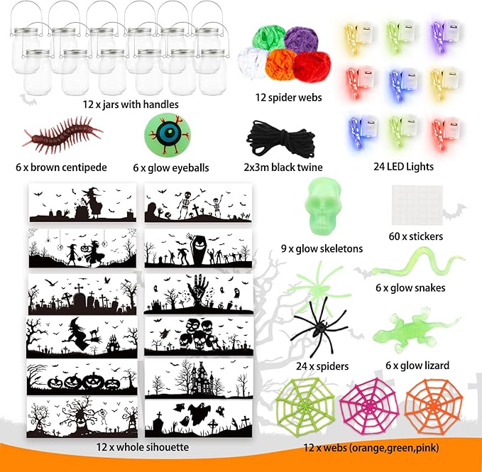 Shemira Halloween Craft Kit for Kids, 12 pcs Glass Mason Jar with Accessories for DIY Lantern Jar, Halloween Art & Craft Party Supplies, Halloween Art Activities, Crafts and Arts Party Supplies