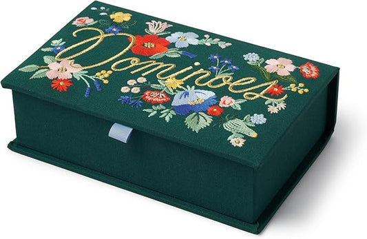 RIFLE PAPER CO. Dominoes Set | 28 Dominoes with Illustrated Designs, Packaged in Embroidered Keepsake Box, Includes Instruction Card for Games, Strawberry Fields