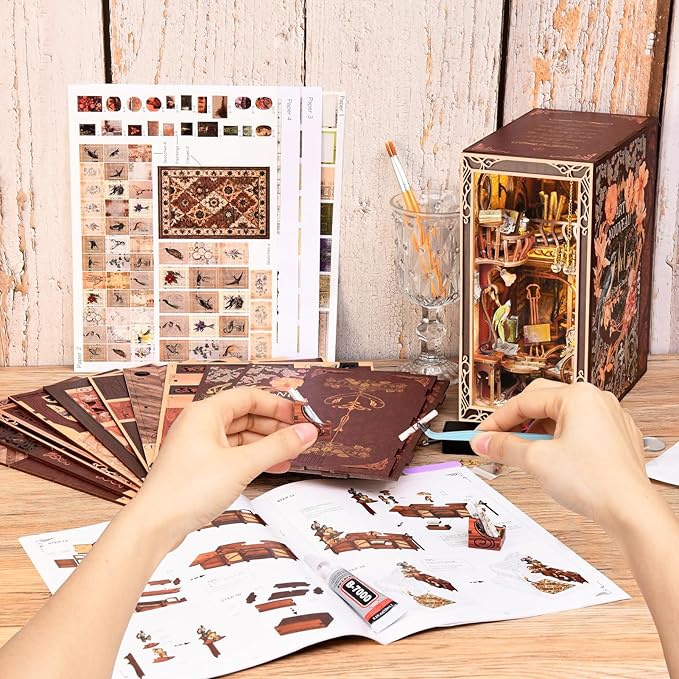 DIY Book Nook Kit for Adults, 3D Wooden Puzzle Bookend Bookshelf Insert Decor with LED Light and Dust Cover (Painter's Day at Dusk)