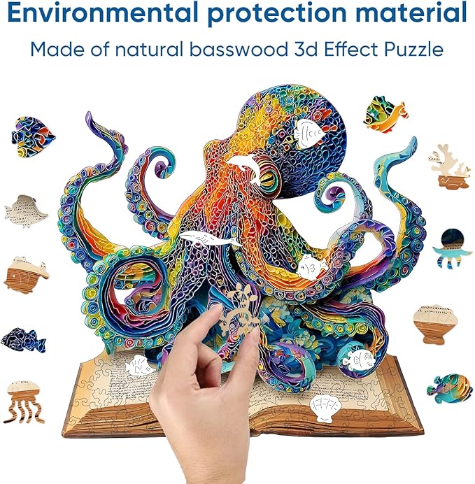 Wooden Puzzles for Adults, Octopus Book Jigsaw Puzzles 200 Pieces, Unique Shape Animal Adult Puzzles, Irregular Wood Best Gift for Adults Family Game(11.4 * 10.9 in)