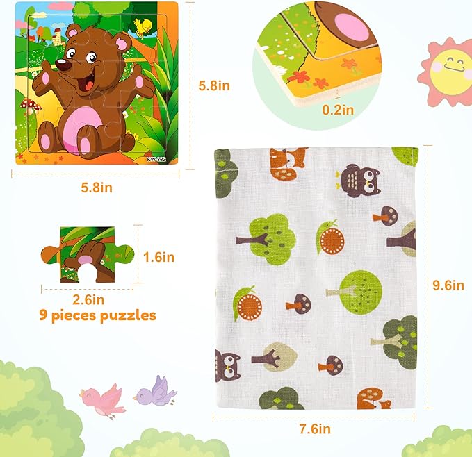 SYNARRY 6 Pack Wooden Jigsaw Puzzles for Kids Ages 3-5 Years Old, 9 Pieces Toddlers Animal Puzzles, Educational Preschool Learning Toys for Children Boys and Girls, Best Kids Puzzle Toys & Gifts