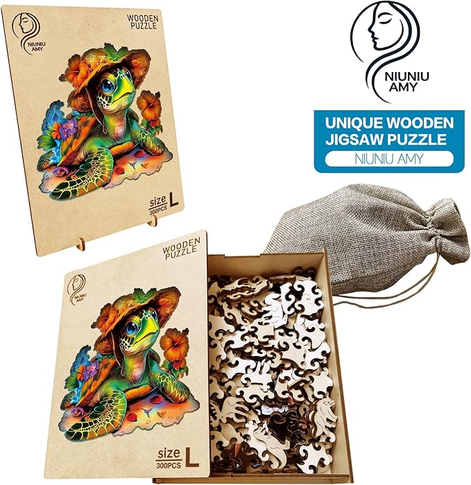 Wooden Jigsaw Puzzles,Vacation Sea Turtle Wooden Puzzles 300 Piece,Perfect for Family Game,Unique Shape Puzzles for Adults 14.9 x 14.9 Inch