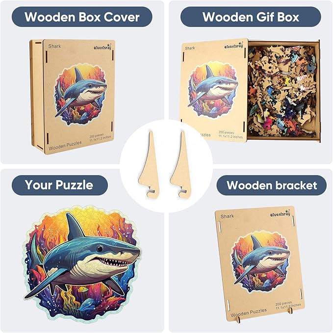 Wooden Puzzles for Adults, Shark Ocean Jigsaw Puzzles 200 Pieces Unique Shape Adult Puzzles, Irregular Wood Puzzles Creative Gift for Adults Family Game(11.1x11.2in)