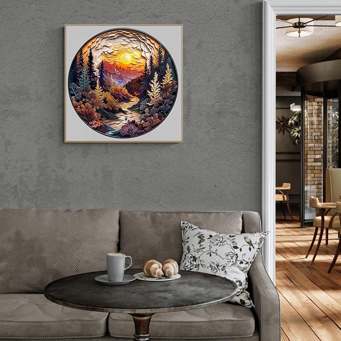 Wooden Puzzles for Adults, Fathers 3D Visual Effect Sunset Forest Wooden Jigsaw Puzzle Kids,Unique Shape Wood Puzzle Adults, Birthday Gift Family Games (S-8.5 * 8.5in-100pcs)