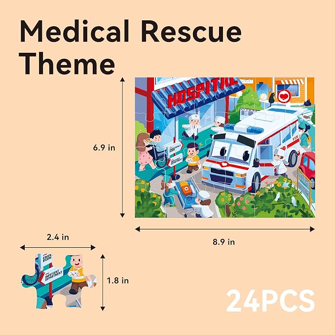 Dotimo 4-in-1 Vehicle Puzzles for Toddlers 3-5 – Fire Truck, Police Car, Ambulance & Cement Mixer Puzzles, 24/30/35/48 Piece Educational Games with Storage Box