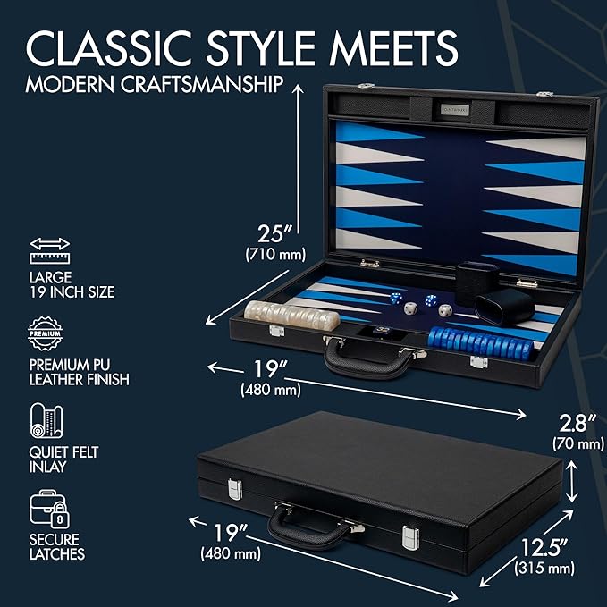 19 Inch Premium Backgammon Sets for Adults Leather Black - Blue. Premium 1.6 Inch Checkers & Dice Set, Travel Backgammon Set, Large, Backgammon Board Game, Backgammon Game Set