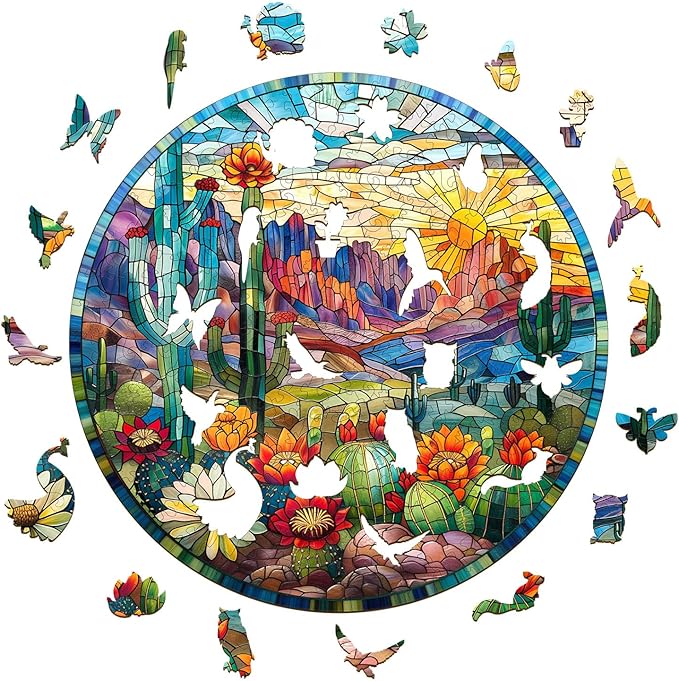 Jigfoxy Wooden Puzzles for Adults, Stained Glass Cactus Wood Puzzles Adult, Unique Animal Shape Wooden Jigsaw Puzzles for Adults, Birthday Gifts for Puzzle Lovers, Family (M-11.4 * 11.4in-200pcs)