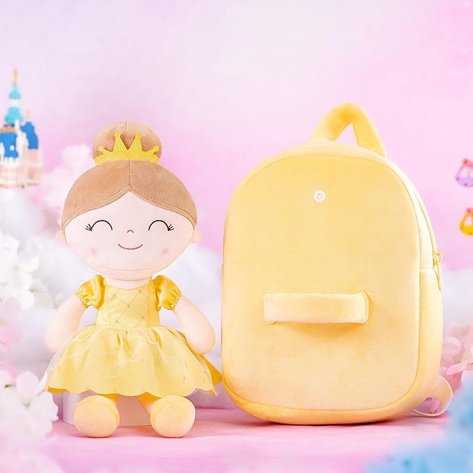 Gloveleya Back to School Gifts for Girls Toddler Backpack for Girls Kids Backpacks Soft Girl Toys Plush Baby Girl Gifts with Plush Princess Bella Doll Yellow 9"