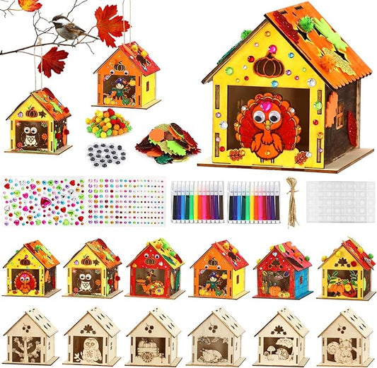 12 Thanksgiving Fall Crafts Wooden House for Boy, Girl & Adult, Fall Activities Kit DIY with Paint Pen Pumpkin Turkey Owl, Thanksgiving Arts and Crafts for Classroom Party Favors & Gift Supplies Bulk
