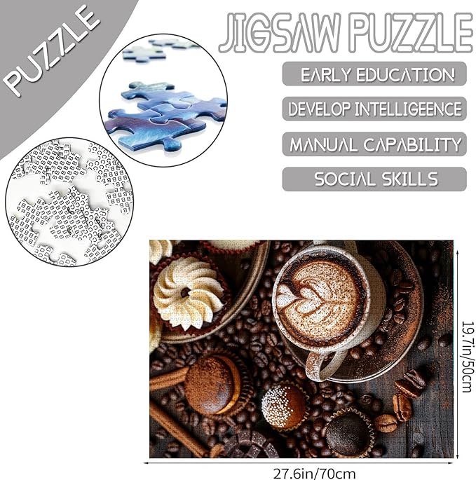 Tucocoo Coffee Cup Jigsaw Puzzles for Adults 1000 Pieces, Coffee Beans Pastry Gourmet Art Style Brown Painting 27x20 inch DIY Puzzles for Home Decoration Gifts, Family Puzzle Perfect for Game Nights