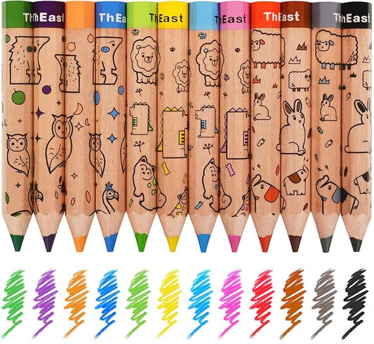 ThEast 12 Short Colored Pencils for Kids, Cute Animal Toddlers Crayons Color Pencil with Sharpener, Preschool Party Favors, Pre-Sharpened(Pack of 1)