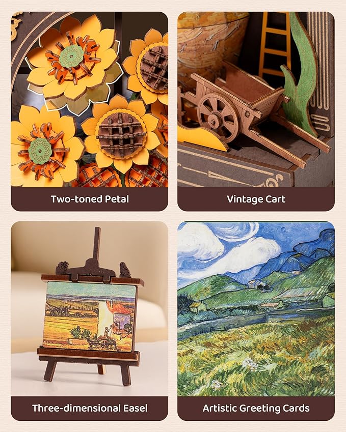 Wowood 3D Wooden Puzzles for Adults - Van Gogh Golden Sunflower DIY Model Building Kits with LED Light - Home Decor, Wall Art & Unique Creative Gifts for Art Lovers