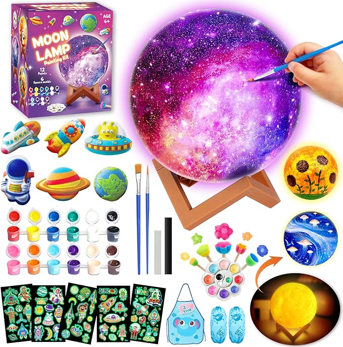 Goody King Paint Your Own Moon Lamp Kit, DIY 3D Space Moon Night Light, Crafts for Teens Girls Boys, Arts & Crafts for Kids Ages 8-12, Art Supplies Christmas Craft Birthday Gift for Kids Ages 3+