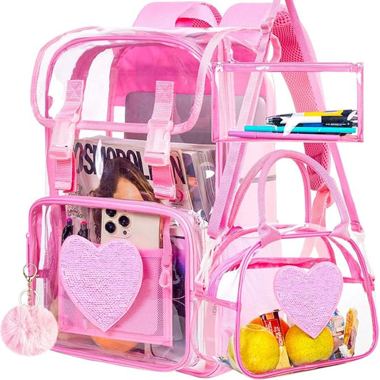 17" Sequin Clear Backpack for Girls - 3Pcs Sparkle Flip Design Stadium Approved Set, Gym/Concert Transparent Bookbag (Pink)