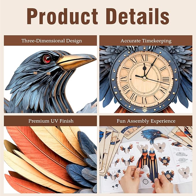 KAAYEE 3D Puzzle for Adult, Wooden Raven Pendulum Clock Mechanical Model Kit, 34 PCS DIY Vintage Wall Clock Building Kit, Creative Craft Gift for Birthday Home Decor (Battery Not Included)
