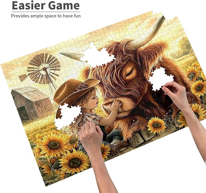 Cute Girl Highland Cattle Sunflower Jigsaw Puzzles 1000 Piece,Flowers Puzzle Nature Animal Flower Painting Jigsaw Puzzles 1000 Piece,Birthday Gifts for Adults and Family Game