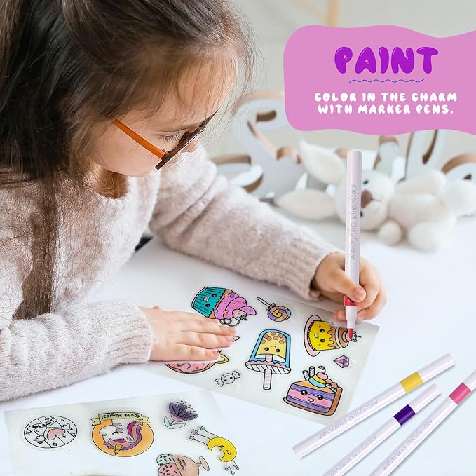 89PC DIY Unicorn Shrinking Plastic Art Kit - 46 Pre-Cut Shapes, 12 Markers & Accessories - Make Charms, Keychains & Tags - No-Mess Craft for Kids - Birthday Gift with Shrinking Plastic Sheets