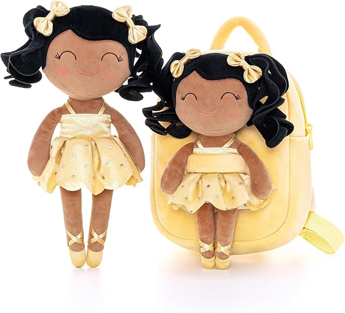 Gloveleya Toddler Backpack Baby Ballerina Girl Gifts Plush Curly Hair Ballet Backpack - Black Blonde 9 inches