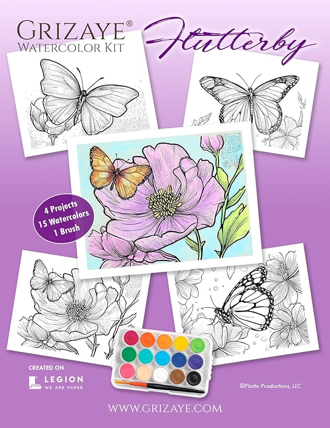 Flutterby Watercolor Kit – 4 Butterfly Pre-Printed Painting Projects for Artists, Beginners, or Groups - Includes 140lb Paper, Paint, Brush & Guide – Perfect for Travel or Home DIY Art