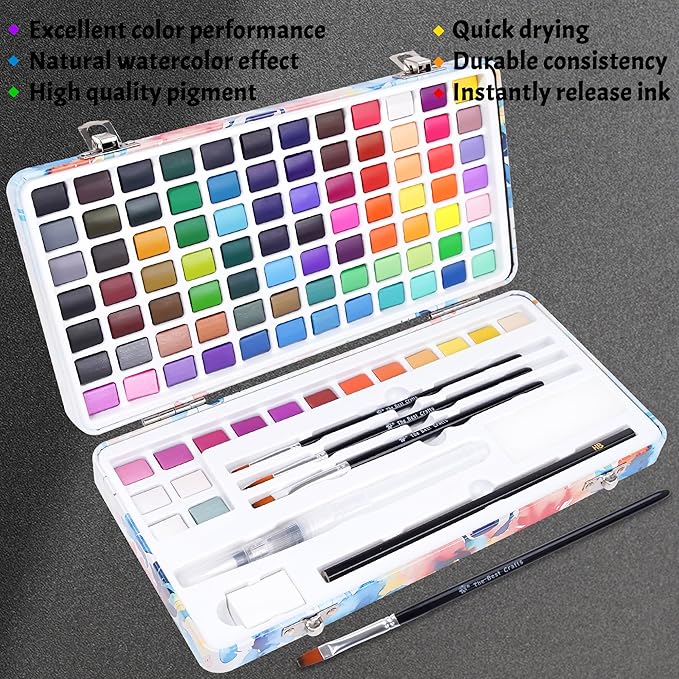 TBC The Best Crafts 100 Colors Watercolor Paint Set For Kids, Students and Artists, Amateur,Beginner.Set includes Coloring Sheets, Black Dual Tip Acrylic Paint Markers, Storage Bag