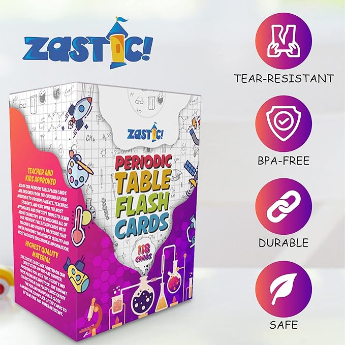 Zastic! Periodic Table Flash Cards - Laminated Elements Flashcards (118) for Kids - Great for Chemistry and Table Games