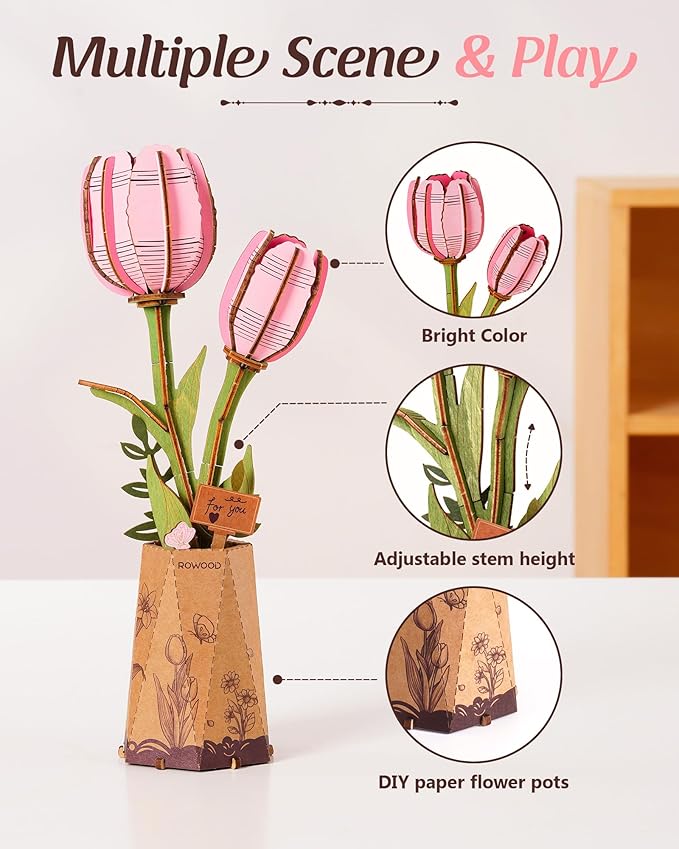 rowood Wooden Flower,3D Puzzles for Adults,Artifical Flower Botanical Collection Building Kit,Mother's Day/Valentine's Day Pink Tulip