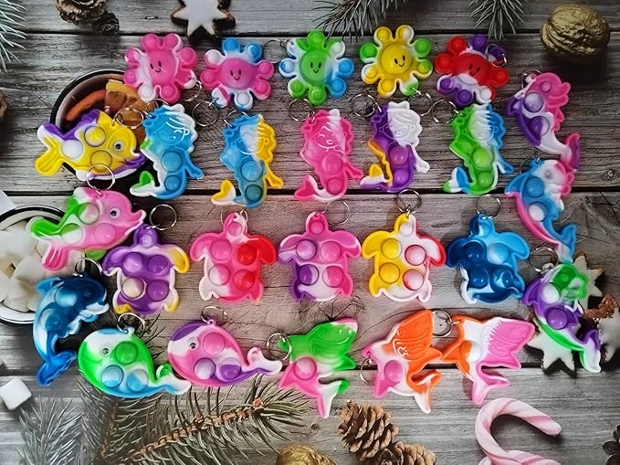 26 Packs Bluk Octopus fishs dolphins turtles sharks whales mini Pop Keychain,Birthday Party Favors Supplies Classroom summer students Prize