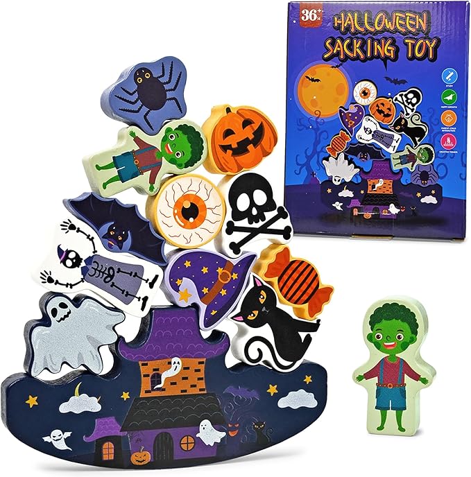 Vileafy Halloween Wooden Toys Figures Set for Kids Ages 3-5 – 12PCS Montessori Balance Stacking Toys for Toddlers 3 4 5 6 with Ghost, Witch, Pumpkin, Decorations & Fine Motor Toys