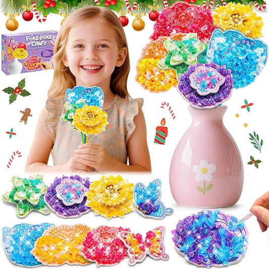 CrispPlay Crafts for Kids Ages 4-8 8-12 Girls Toys, 8pcs Poke Art Craft Kits for 4 5 6 7 8 9 Year Old Girls Birthday Christmas Gifts, DIY Bouquet & Butterfly, Mess Free
