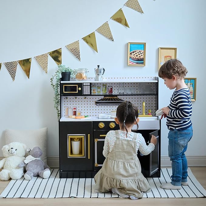 Teamson Kids Wooden Play Kitchen for Toddlers with Accessories, Pretend Cooking Set for Kids Age 3+, Black Toy Kitchen Playset, Retro Design, Realistic Features for Boys & Girls, St. Louis Collection