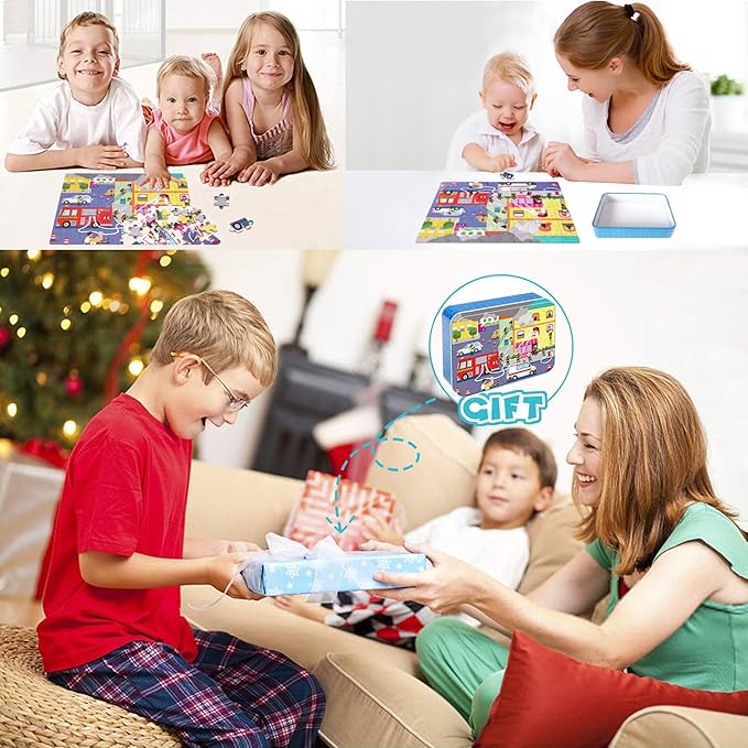 LELEMON 100 Pieces Jigsaw Puzzles in a Metal Box for Kids Age for 4-8 Boys Girls Toy Puzzles Fire Truck Ambulance Police Car Fireman Children Learning Educational Puzzles Toys