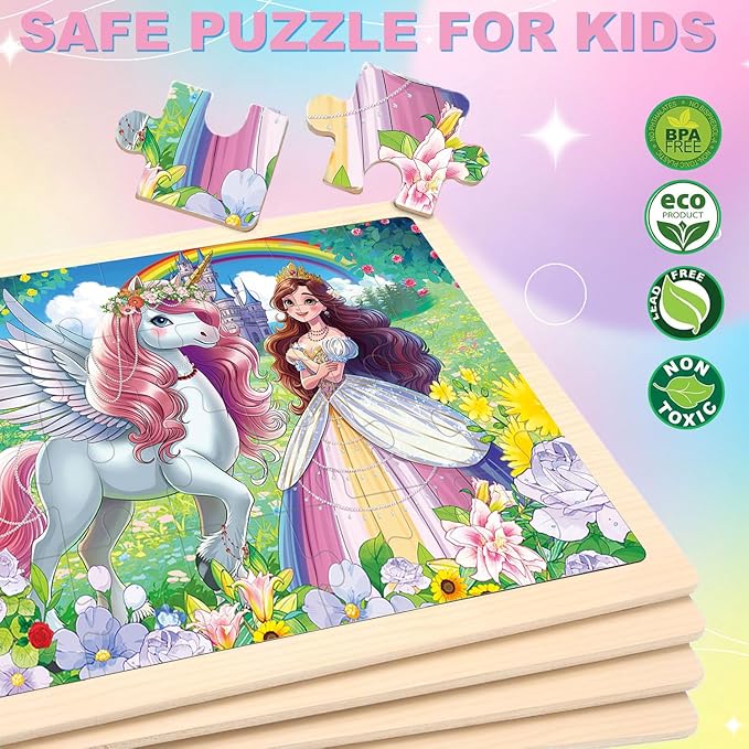 Wooden Puzzles for Kids Ages 4-6, Large 24 PCs Unicorn Mermaid Princess, Jigsaw Puzzles for Kids Ages 3-5, Preschool Educational Learning Toy for Boys and Girls