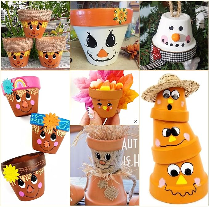 Cinrobiye 24 Set Fall Scarecrow Craft Kit DIY Garden Pot Plant Crafts Pot with Stickers for Fall Thanksgiving Autumn Harvest Classroom Creative DIY Art Project Bulk Painting (Scarecrow)