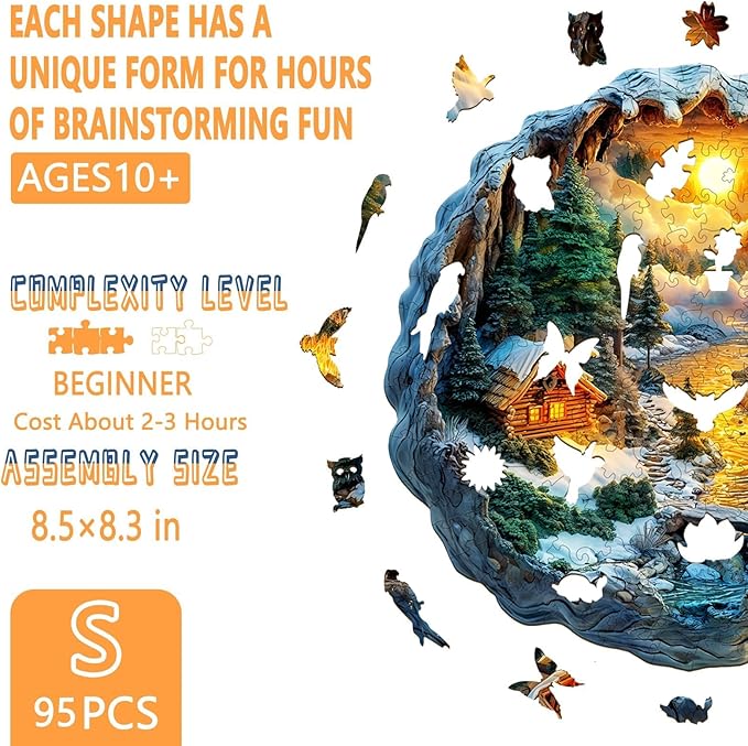 Wooden Puzzles for Adults, Flat Puzzle with 3D Visual Effect, Winter Scene Wooden Jigsaw Puzzles for Adults, Forest River Sunset Wood Puzzles Adult, Wall Art Canvas Puzzle (S -8.5 * 8.3 in -95 pcs)