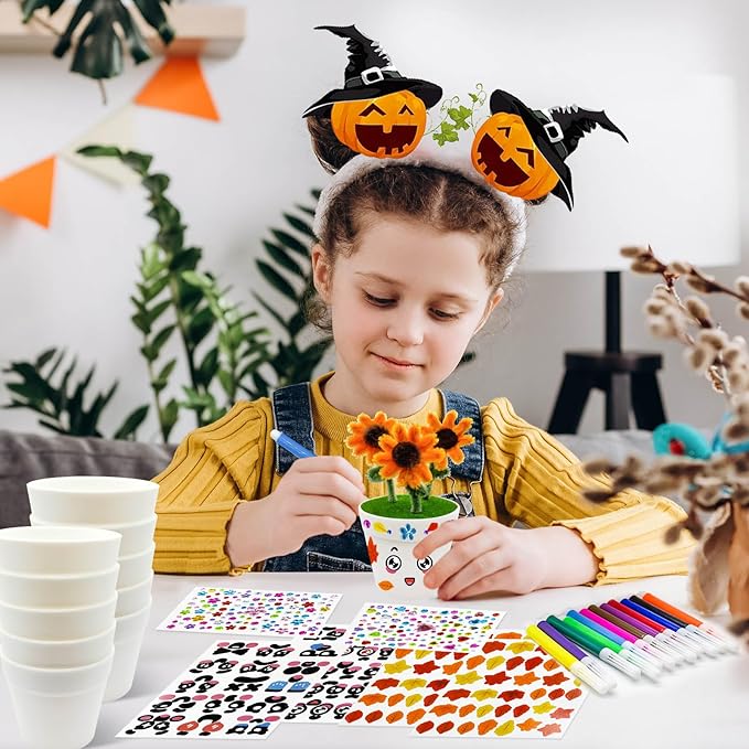 24 Set Garden Pot Craft Kit DIY Sunflower Plant Crafts Pot with Pipe Cleaners Stickers Fall Craft Kit for Fall Thanksgiving Autumn Harvest Classroom Creative DIY Art Project Bulk Painting (Flower)