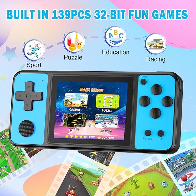 Beico 32 Bit Kids Handheld Games Preloaded 139 Video Games,Portable Electronic Toys with 3.0" IPS Screen Rechargeable Battery,Gaming System Birthday Gifts for Boys Girls Ages 4-12 (Blue)
