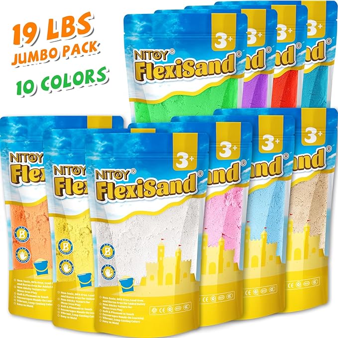 NiToy FlexiSand Value Pack 19lbs of 10 Colored Moldable Self-Sticking Sand, Never Dries Out-Fun for 3 Years and up Kids Bulk Refill for Sensory Sand Box Toys, Ideal for Shaping, Squeezing and Molding