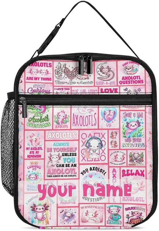 Custom Axolotl Lunch Box - Cute Reusable Axolotl Lunch Bag for Women Men Kids - Small Portable Foldable Insulated Lunchbox for School Work Picnic
