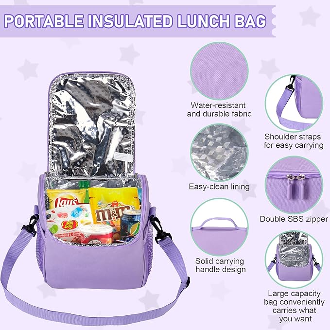 Bento Lunch Box for Kids with 17oz Soup Thermo,Insulated Tumbler Water Bottle and Insulated Lunch Bag,Leak-Proof 3 Compartment Lunch Food Container with with Ice Pack for Kids to School-Purple