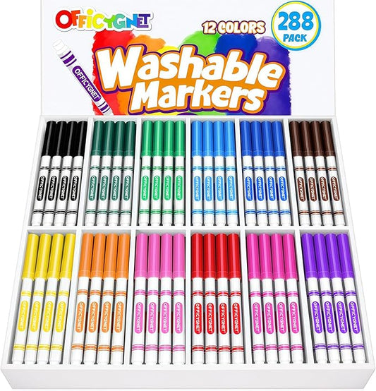 Officygnet 288 Count Washable Markers Bulk, Coloring Markers for Kids, Thin Marker Bulk in 12 Assorted Colors, Fine Line Marker with Conical Tip,Back to School Supplies, Teacher Classroom Must Haves