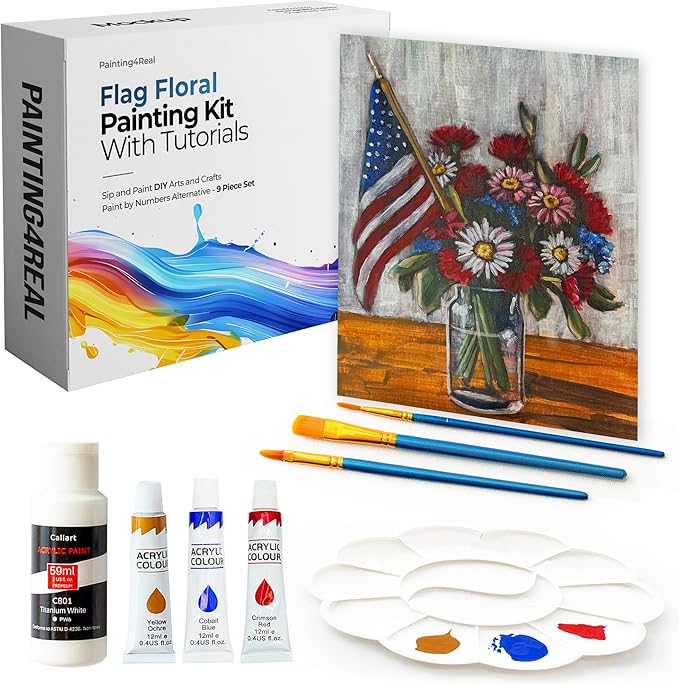 Painting4Real DIY Painting Class Kit for Adults: Learn to Paint Flag Floral with Video Tutorials – Art Decoration for Independence Day – Hang This Picture/Art as Wall Decor Once Completed