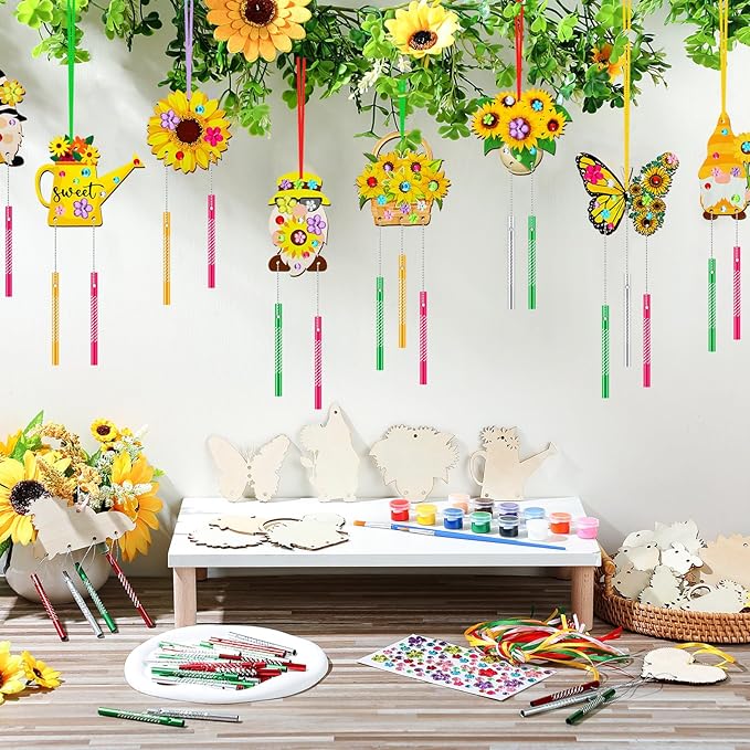 JellyArch 30 Pack Summer Wind Chime Making Kit for Kids, Make Your Own Sunflower Butterfly Gnome Wind Chime Wooden Spring Ornaments for Girls and Boys DIY Crafts Activity Birthday Decoration