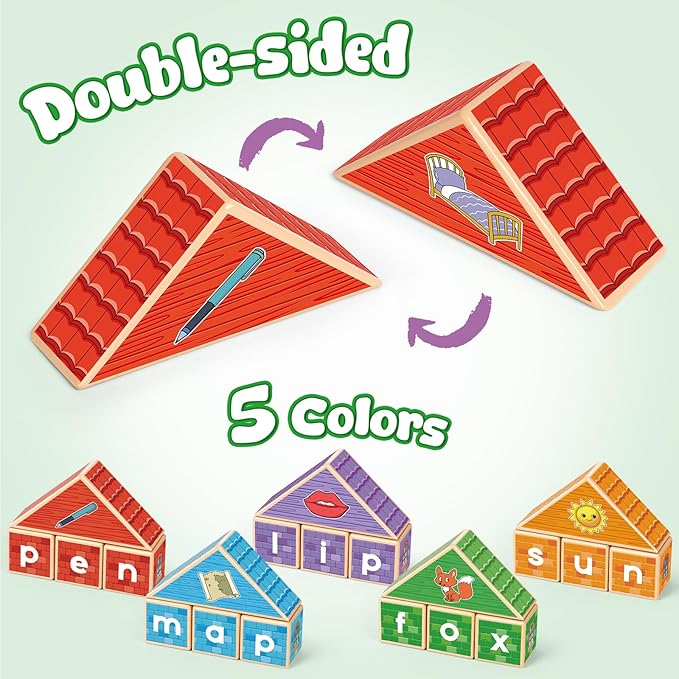CVC Kasfalci Wooden Alphabet Letter Blocks - Toddler Phonics Games for Learning to Read & Spell, Speech Therapy Toys for Preschool Kindergarten Classroom