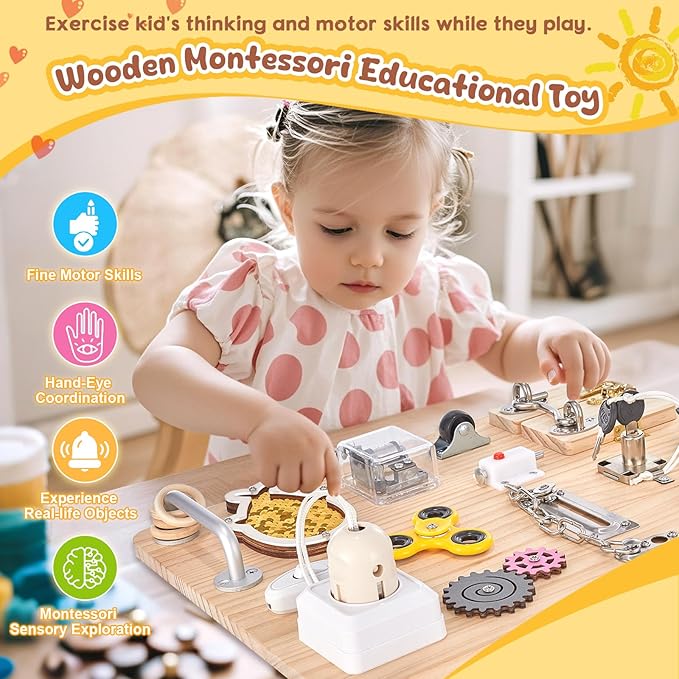 Wooden Montessori Large Busy Board for 1 2 3 4 Year Old, Sensory Activity Busy Board for Toddler Kids Baby Boys Girls, Travel Educational Toy for ADHD & Autistic Children