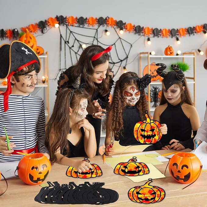 32 Sets Fall Halloween Pumpkin Suncatchers Craft Kit DIY Window Stained Glass Effect Halloween Pumpkin Paper Craft Home School Classroom Decoration Kid Birthday Gift Creative Art Project Activity Game